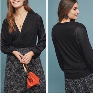 By Anthropologie Black Faux Wrap Top Long Sleeves